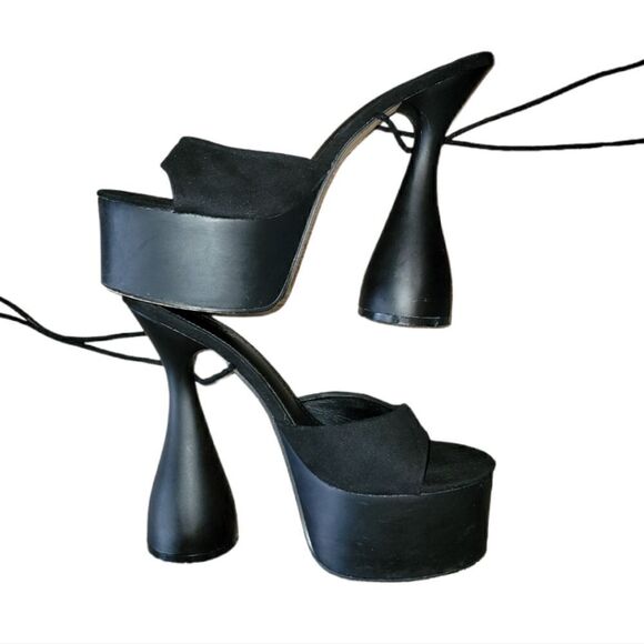 Black Bite Me Platform Tie Up Lace Up Heels 10 - Picture 4 of 9
